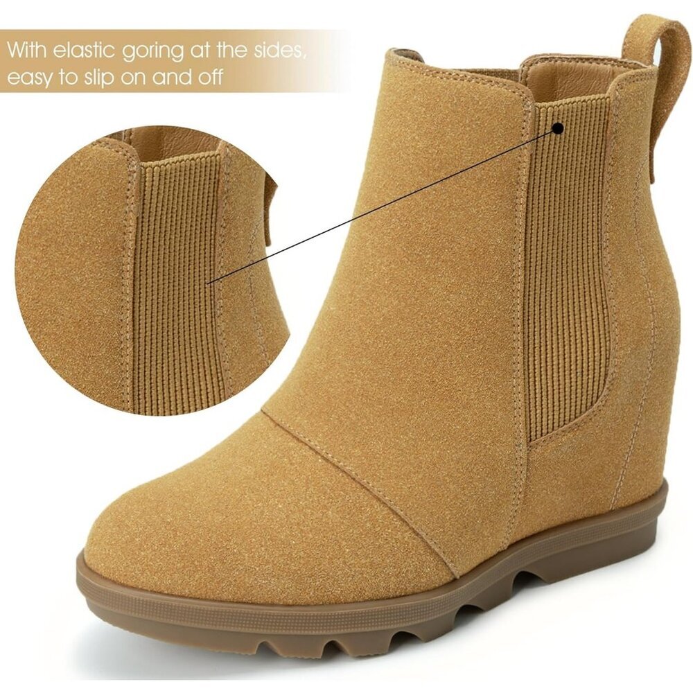 Athlefit Women's Light Brown Faux Leather Wedge Comfortable Ankle Wedge Booties - Picture 3 of 6